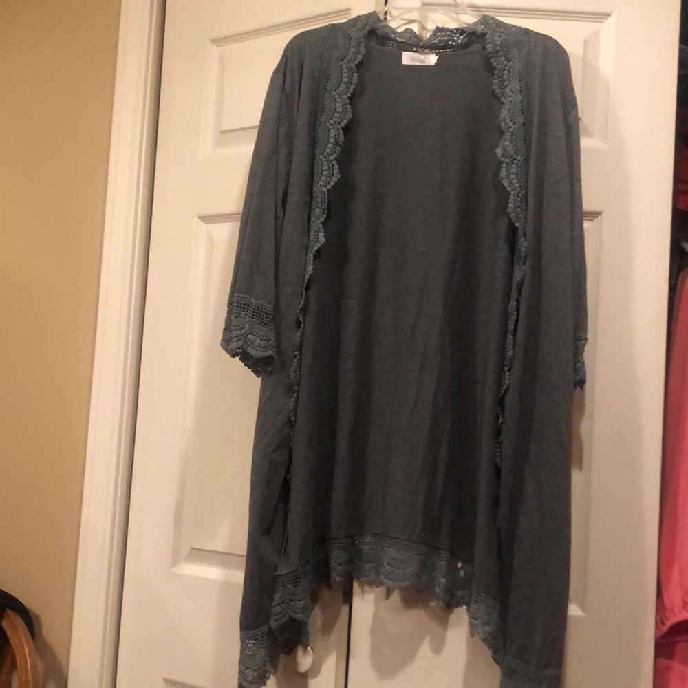 Aili’s Corner - Small - Gray - Open Front Lace Trimmed Knit Cardigan